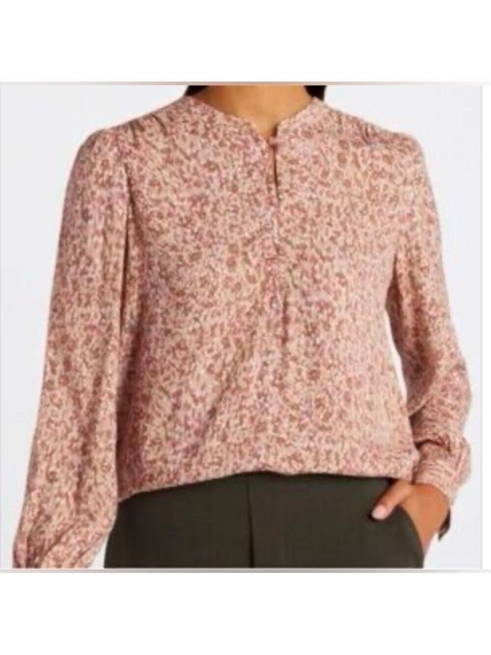 Violets & Roses V-Neck LS Blouse Abstract Print Tan and Rose Wmn’s Sz L